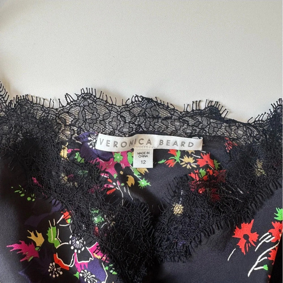 Veronica Beard Gil Floral Print Silk Cami w/Lace in Black Multi Size 12 - Picture 5 of 8